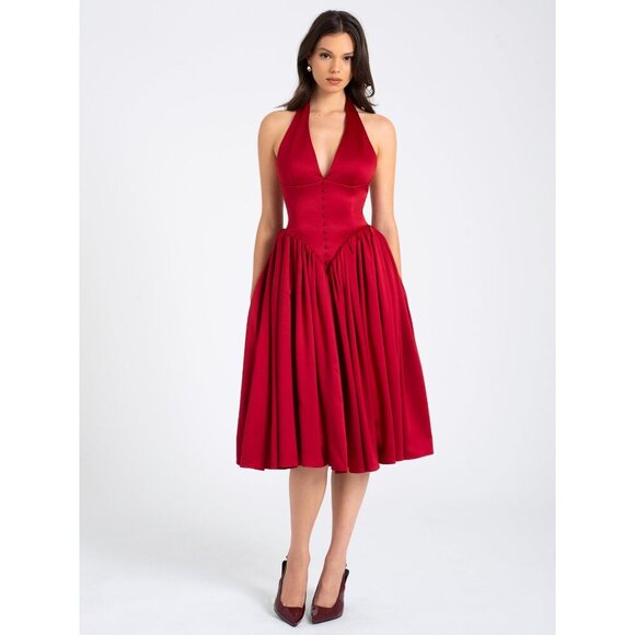 Cara Red Plunging Halter Backless Maxi Dress - Elegant Evening Gown - Picture 1 of 6